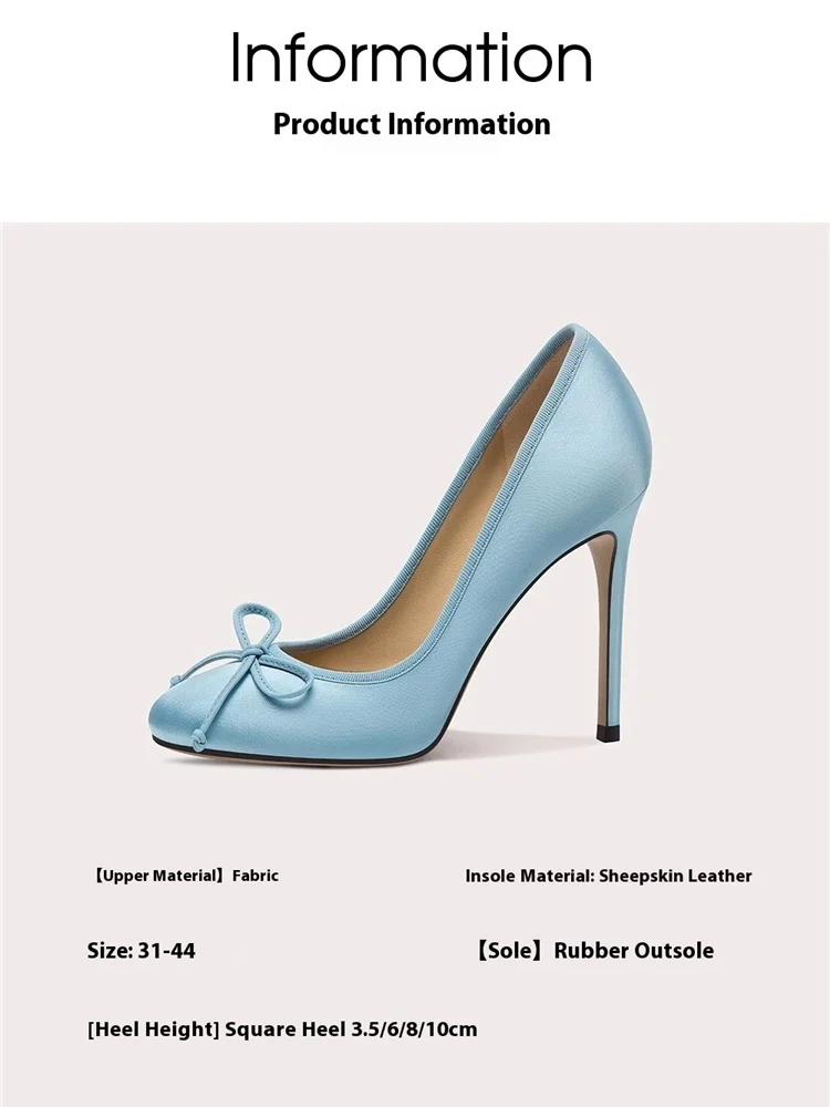 Spring new round head shallow silk bow square heel low heel shoes fine high heel banquet large size small size women's shoes