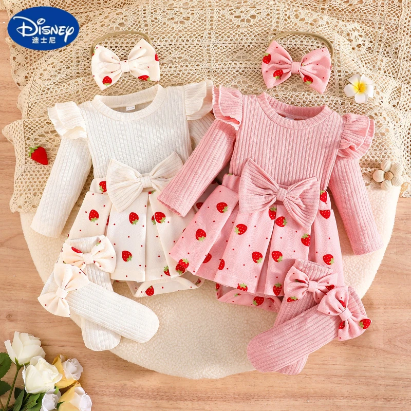 

2025 Baby Girl Winter Set | Strawberry Print Triangle Romper with Headscarf & Socks, Sweet Outfit for Infants