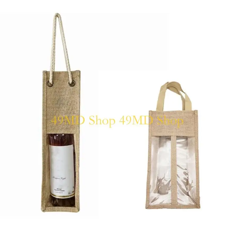 

49MD Jute Wine for Carrier Reusable Burlap Tote Bags Clear Window with Handles Gift Bag Travel Storage
