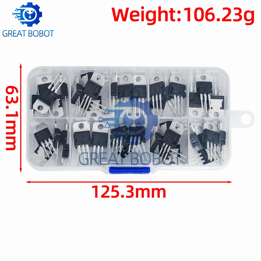 50PCS 10Value Voltage Regulator Kit Box LM317T L7805CV L7806 L7808 L7809 L7810 L7812 L7815 L7818 L7824 TO220 Integrated Circuit