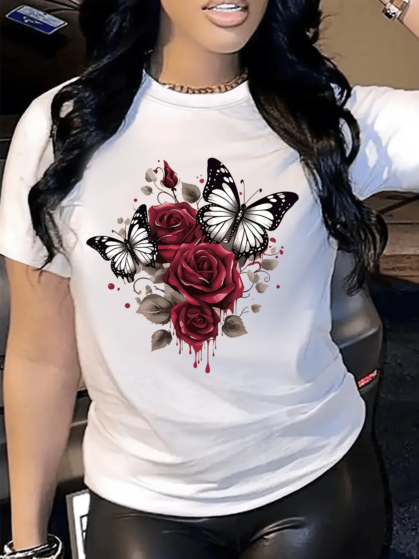 Red Roses & Butterflies Printed Women T-shirt Casual Round Neck Tee Season Comfort Valentine's Day Romantic Floral Harajuku Tops