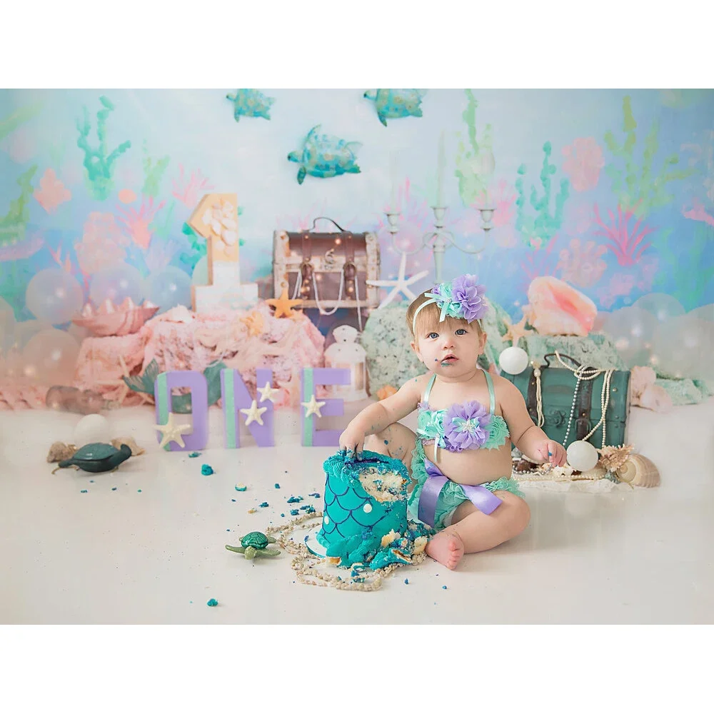 كعكة سحق الاطفال حورية البحر خلفيات للتصوير الفوتوغرافي 1st حفلة عيد ميلاد خلفية تحت سطح البحر موضوع طفلة الطفل صور استوديو الصور