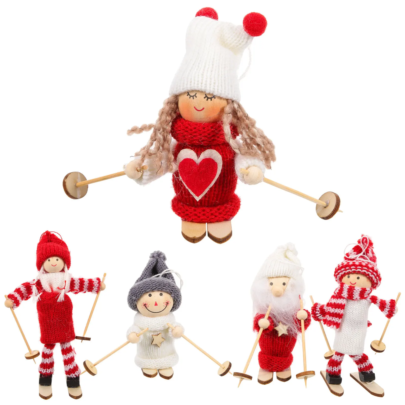 5Pcs Wooden Christmas Ski Ornaments, Hand-Carved Holiday Decor for Home, Party, Kids Gifts & Tree Hanging