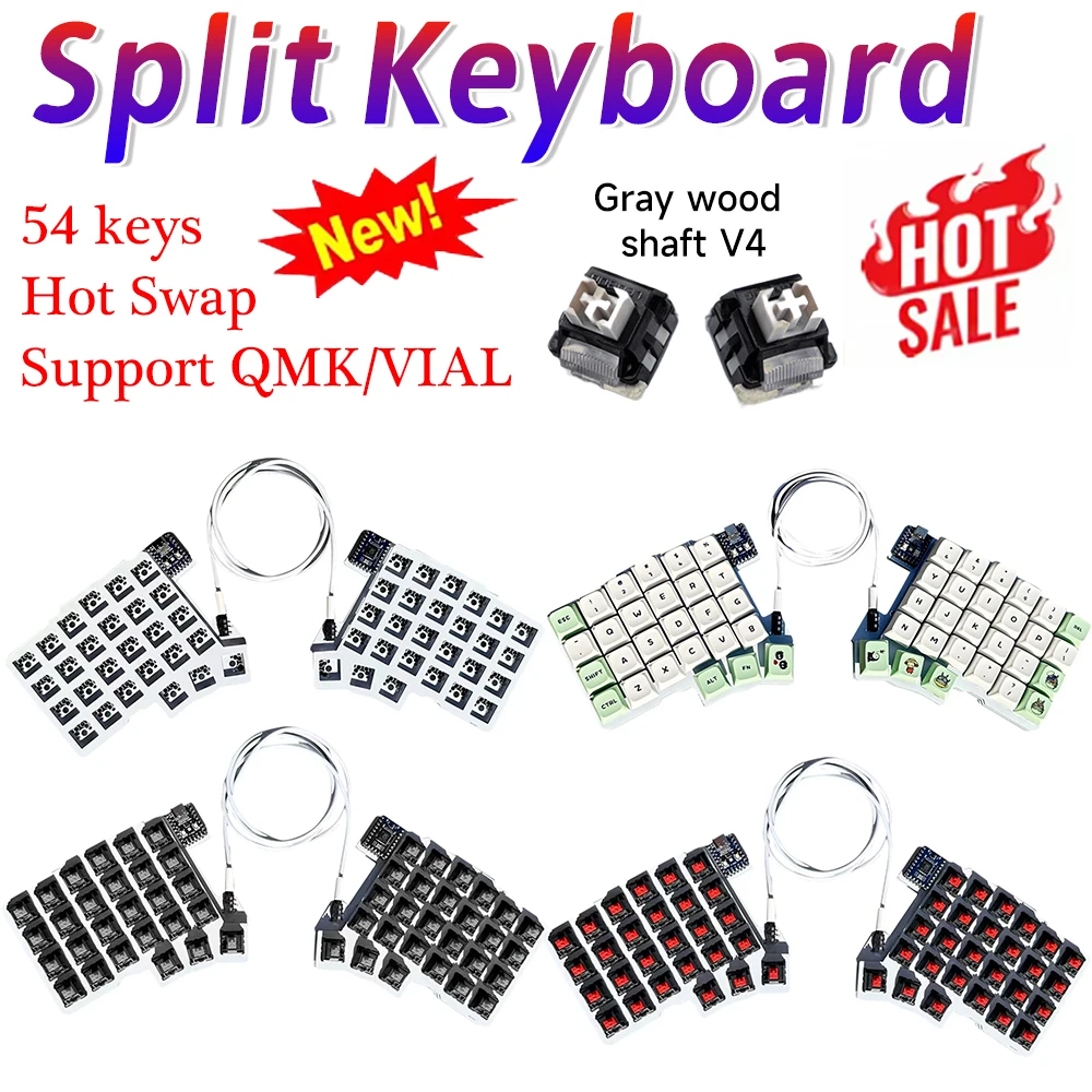 

54-клавишная разделенная клавиатура, проводная клавиатура с возможностью горячей замены, клавиатура QMK/VIAL, эргономичная клавиатура RP2040, нулевые аксессуары для ПК и геймеров