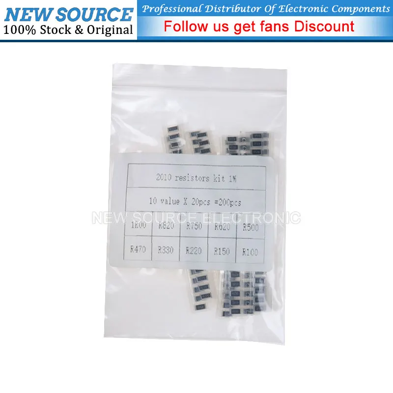 (200pcs) 2010 SMD Resistor 1% 1R00 R100 R620 R470 R330 R220 R820 Ohm Assorted Kit 10ValuesX20PCS