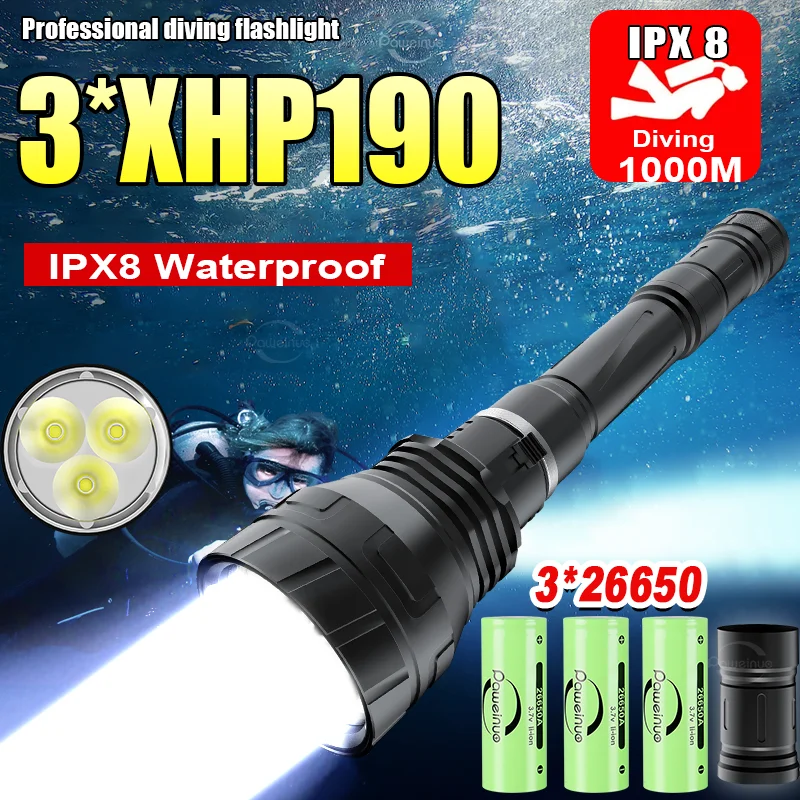 3*XHP190 Underwater Lantern IPX8 Diving flashlight 3*26650 Professional Scuba Diving Torch High Power Diving Waterproof Lamp