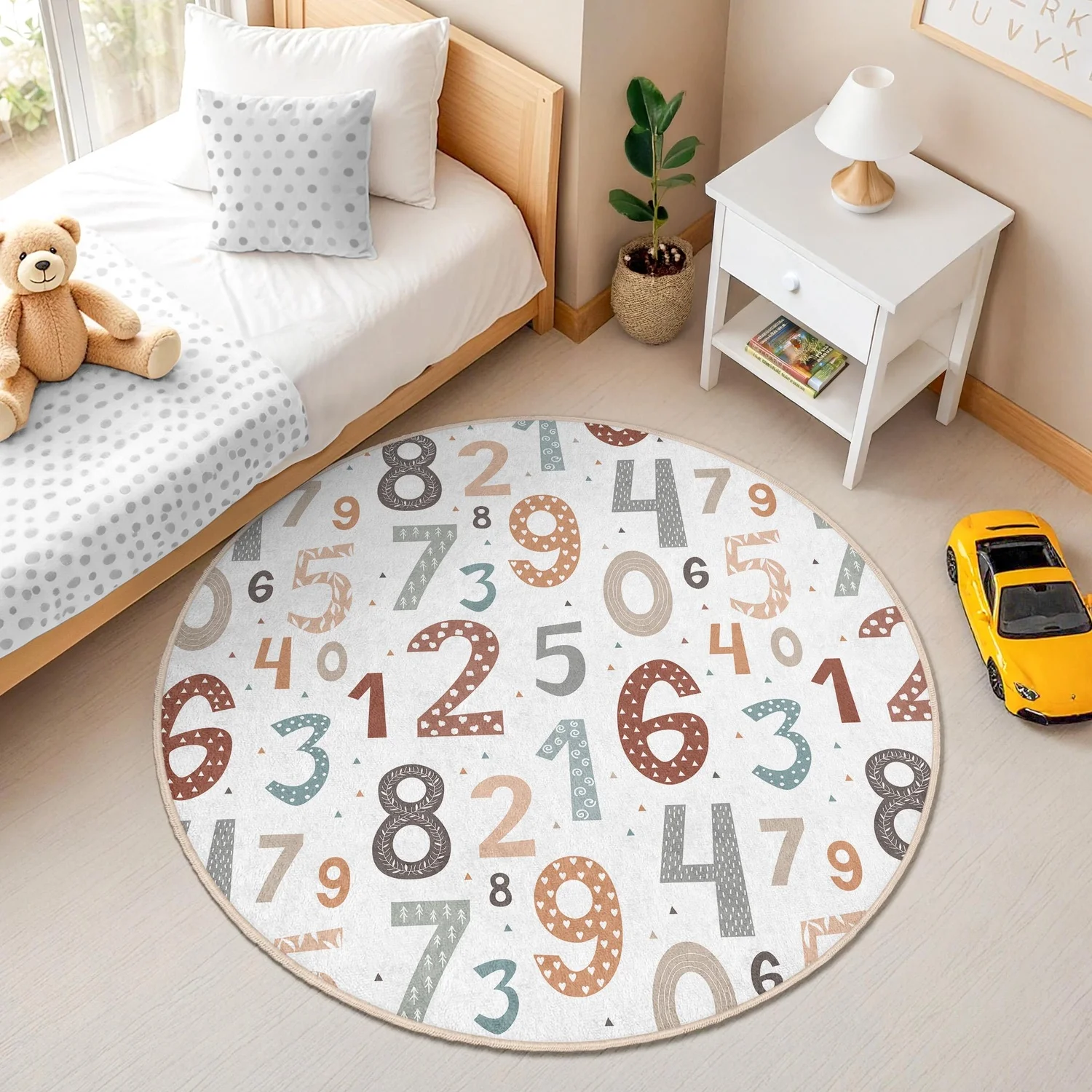 Digital Learning Kids Rug - Educational Boho Nursery Decor - Toddler Round Math Rug - Nordic Style Kids Classroom Mat
