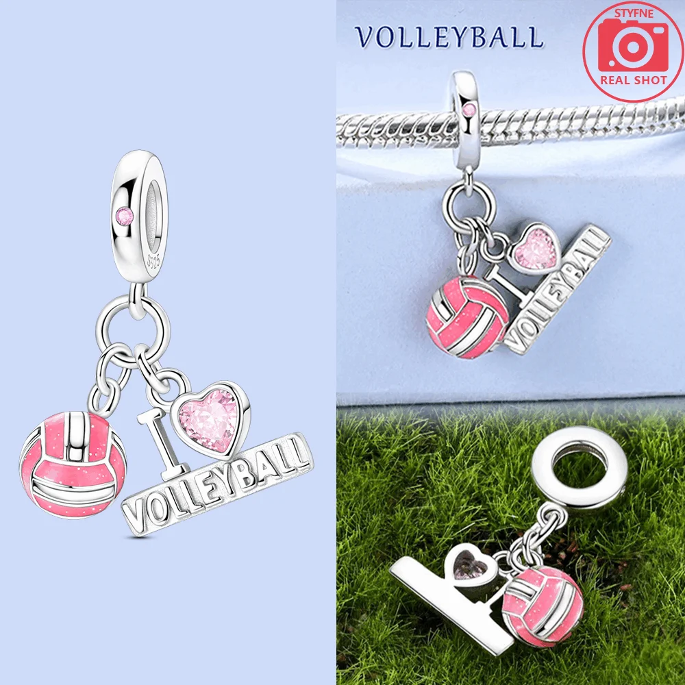 

Серебряные подвески 925 пробы, спортивная серия, розовые подвески в форме сердца с надписью «Я люблю волейбол», подходят для браслетов, украшения своими руками, подарок для женщин