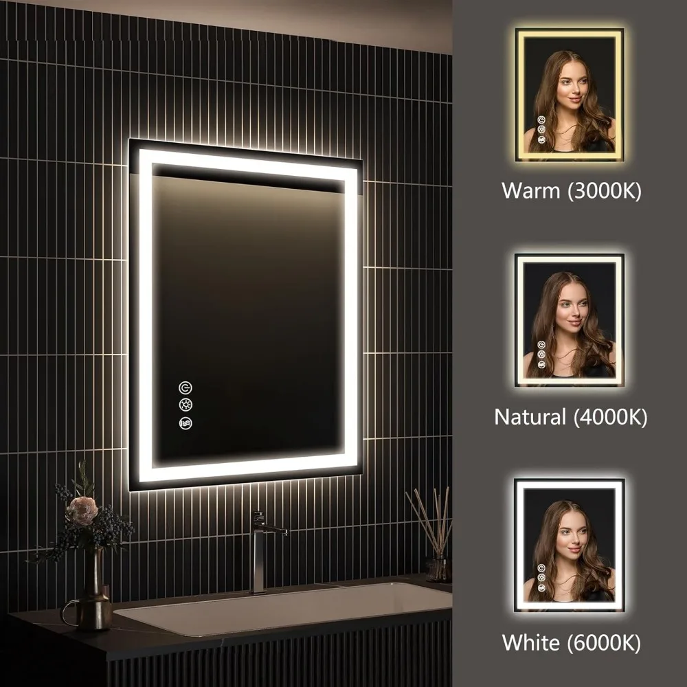 20x28 Inch LED-Illuminated Bathroom Mirror with Front and Back Lighting, 3-Color Makeup Mirror, Memory Function, and Anti-Fog Te