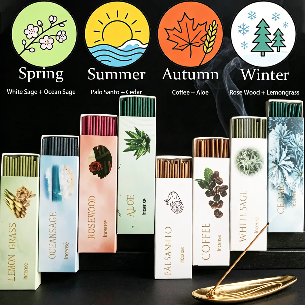 Premium Boxed Incense Set for All Seasons, Including Spring, Summer, Autumn, and Winter Sets, 12cm Long, 36 Sticks/Box, Containing Sacred Wood, White Sage, Ocean Sage, Rosewood, Lemongrass, Coffee, Cedar, Aloe Vera, Etc., Soaked in Essential Oils, with a Rich and Long-Lasting Fragrance, Suitable for Hosting Guests, Reading, Yoga, Meditation, Etc