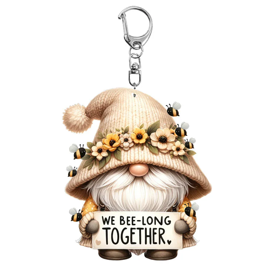 Bee Gnome “bee happy and we bee-long together” Gnome With Flowers Keychain 2D Acrylic Keychains Accessories Cute Bag Pendant for images - 6