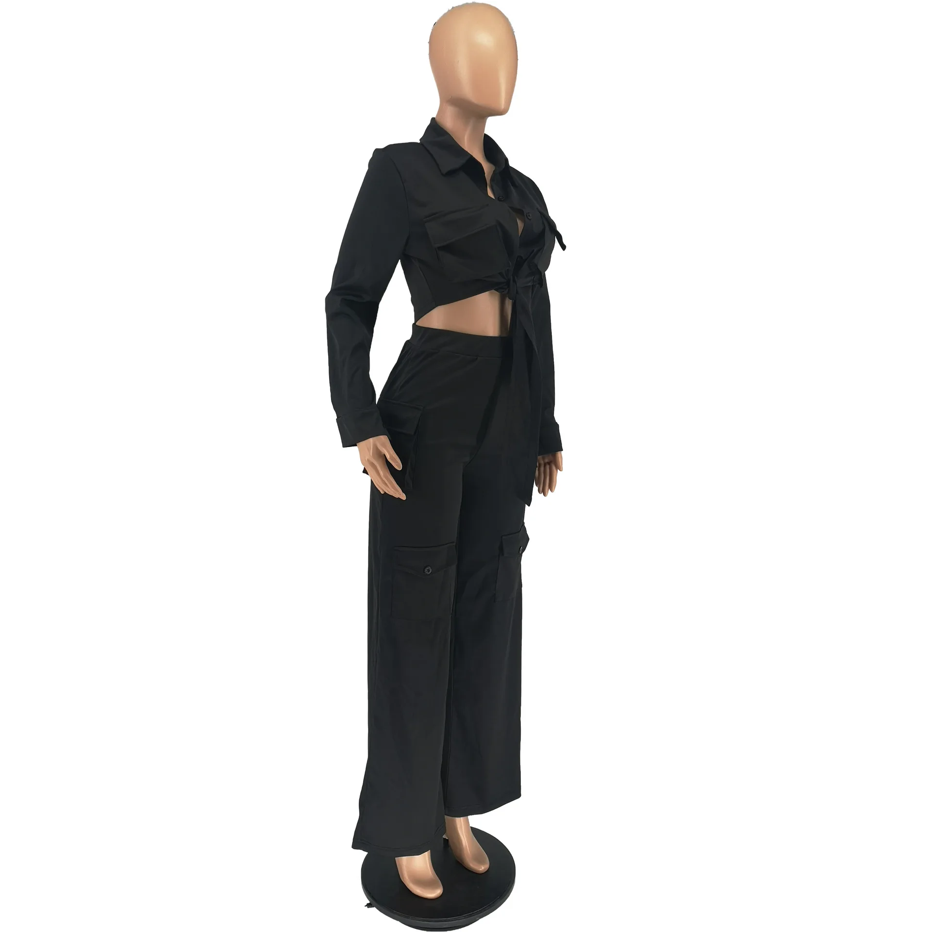 Women's Autumn & Winter Two-Piece Set  Overalls Fashion Solid Color Long-Sleeved Jacket Coat & Multi-Pocket Wide-Leg Pants Suit