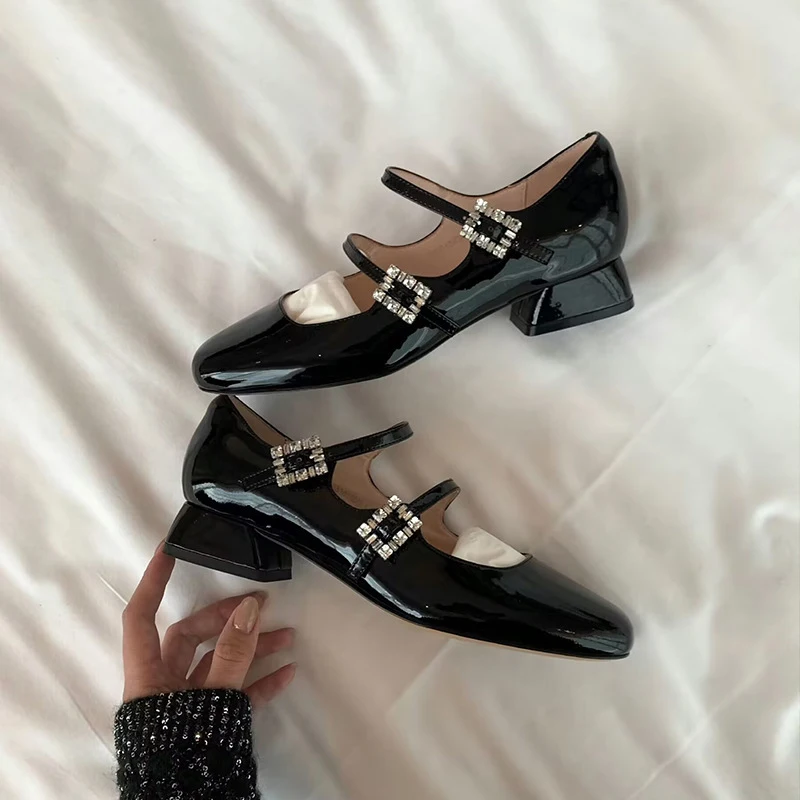 

Square-toed genuine leather Mary Jane shoes with rhinestone buckle and chunky heel for women