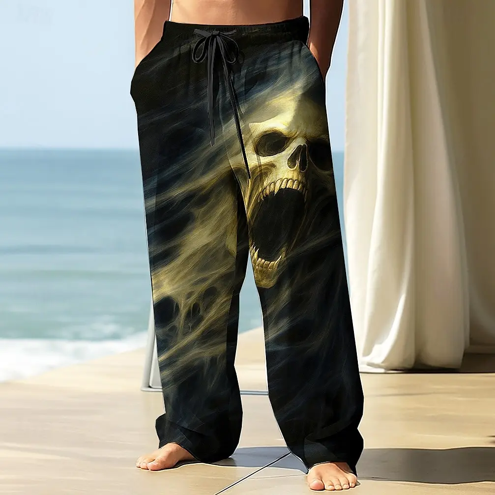 2026 Men's Skull Death Printed Trousers Baggy Pants Casual Pants Mid Waist Elastic Drawstring Waist Pants Streetwear Fall
