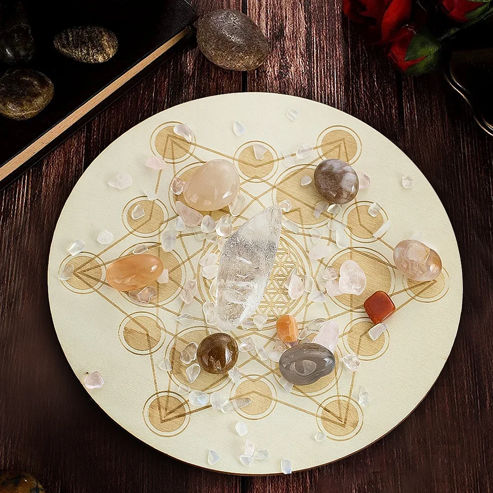 

Laser Engraved Wooden Crystal Grid Pendulum Energy Plate Mat Geometric Pattern Insulated Coasters Jewelry Dish Trays Decorative