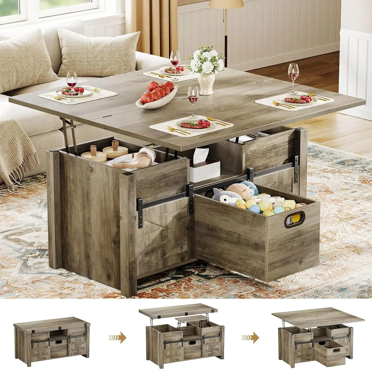 Grey 40 Inch Farmhouse Lift Top Coffee Table Storage Drawers Sliding Barn Door Hidden Compartment Converts To Dining Table Livin