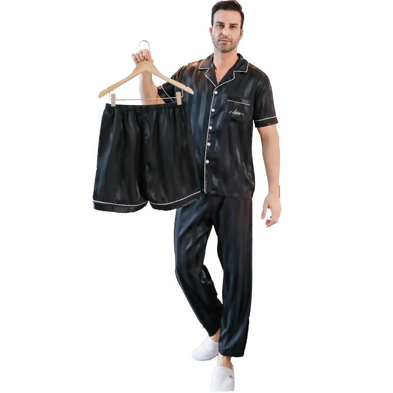 Conjunto de pijamas de manga corta para hombre pantalones cortos largos seda de hielo ropa de dormir bordada a rayas verano combinación de 3 piezas