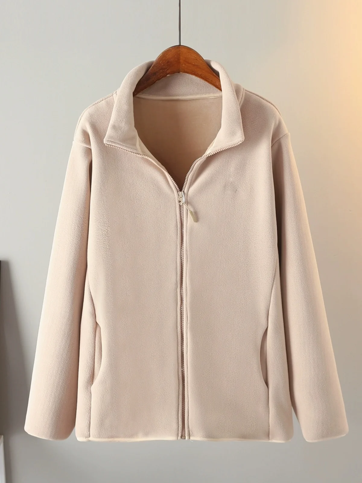 Korean Style Zipper Sweatshirt Cardigan Embroidered Double-Faced Fleece Jacket Lettering Stand Collar plus Size Outerwear