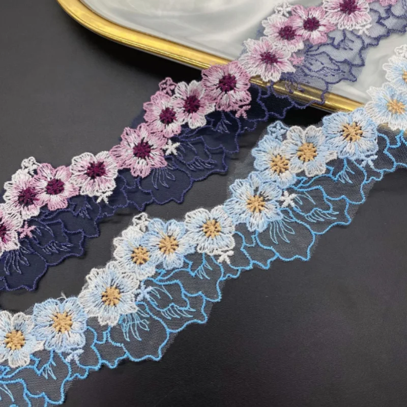 5.5cm Wide Luxury Cotton Embroidery Flower Lace Fabric Clothing DIY Decoration Ruffle Edge Inlaid Ribbon Collar Decoration 1Yard