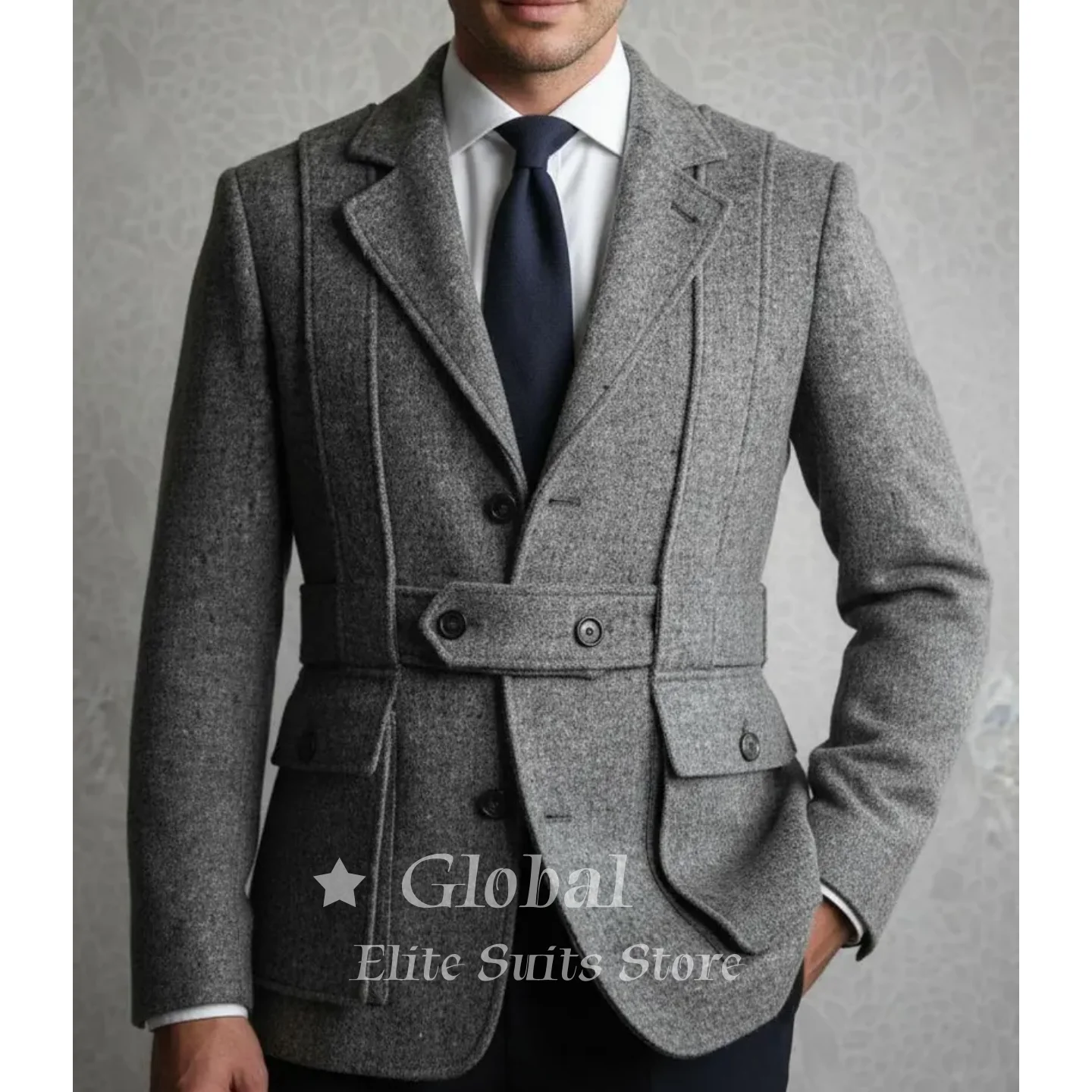 Luxury Grey Tweed Belted Blazer Notched Lapel Single Breasted Slim Fit Vintage Wool Business Casual Jacket Male Customized