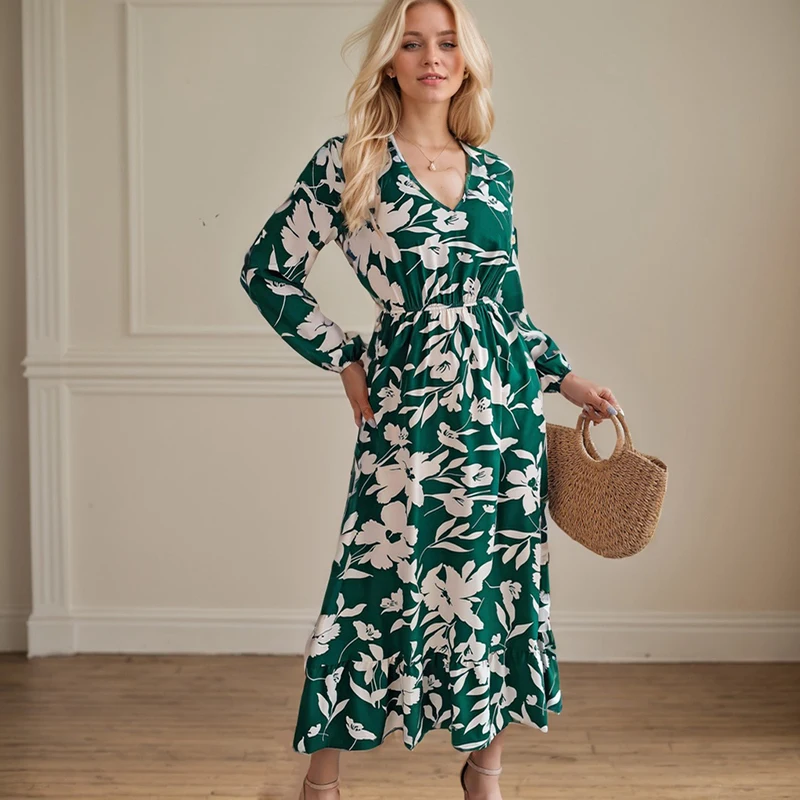 Fashion Printed Women's Dress Elegant V-Neck Flower Waist Long Sleeved Ruffle Edge Dress Vintage Cinched Mid Length Dresses
