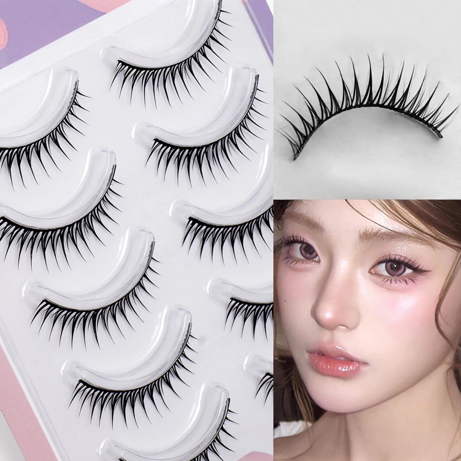 Falsche Wimpern im koreanischen Stil, kleberfrei, Vollstreifen-Wimpern, 5 Paar, Cosplay, Wispy-Streifen-Wimpern für Frauen und Mädchen, Make-up
