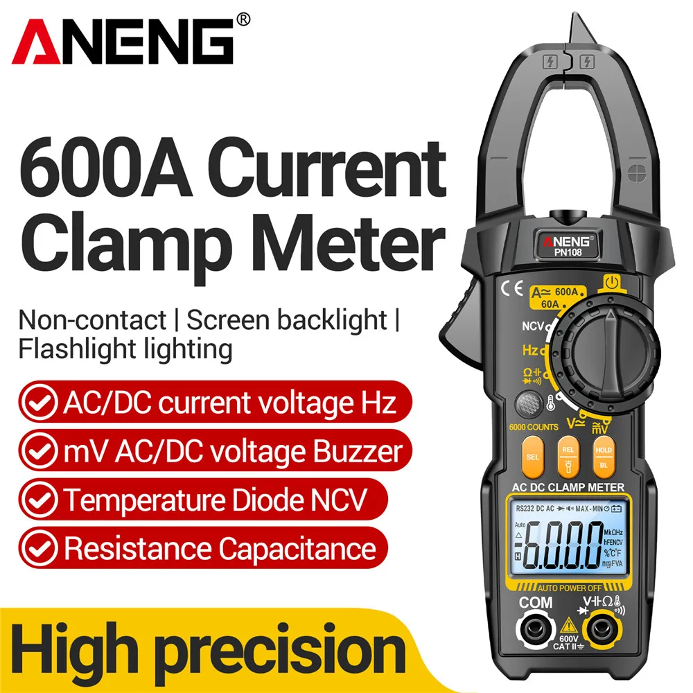 ANENG PN108 Clamp Meter 6000 Counts AC/DC Voltage 600A Current Multimeter Resistance Capacitance High Precision Tester Tool