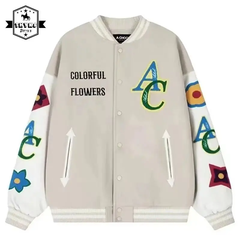 Bomber Jacket Men Color-blocking Flower Embroidered Flocking Varsity Jackets Outerwear Oversized Casual Windbreaker Coats Unisex