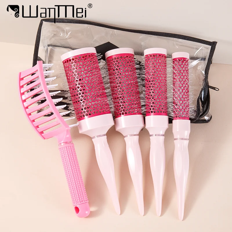 

5pcs Professional Handle Round Rolling Brush Nylon Bristle Round Barrel Rat Tail Hair Curling Brush Salon Beauty Styling Tools