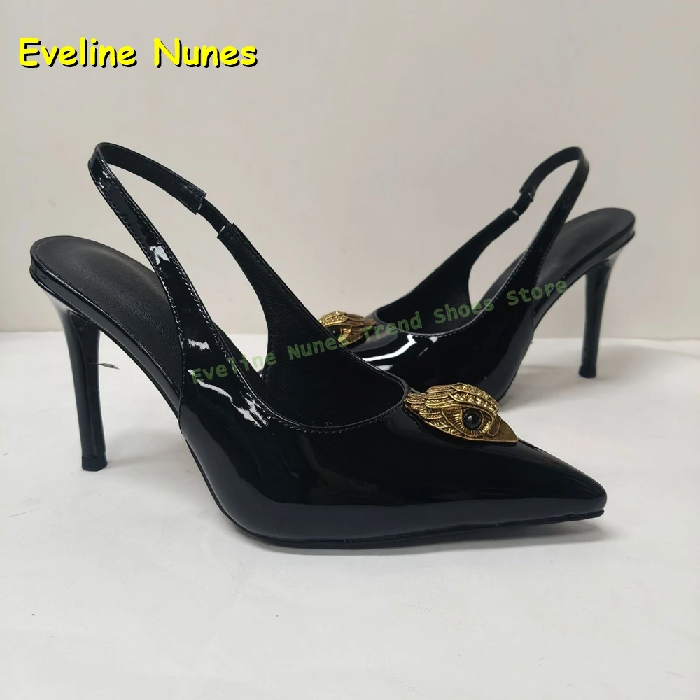 

Women's Vintage Elegant Slingback Heels Black Patent Leather Metal Decoration Pointed Toe Stiletto Party Wedding Shoes 2026 New