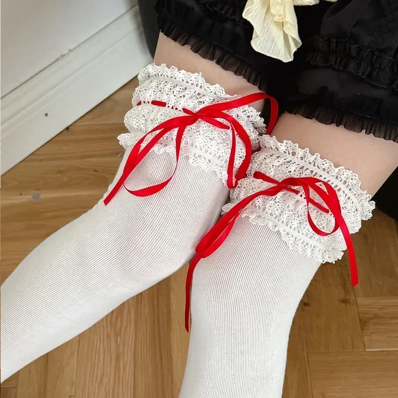 Lolita Over Knee-high Socks Cotton Sweet Lace Bow Ribbon Kawaii Calf-length Socks Thigh-high Stockings JK Cosplay Accessories