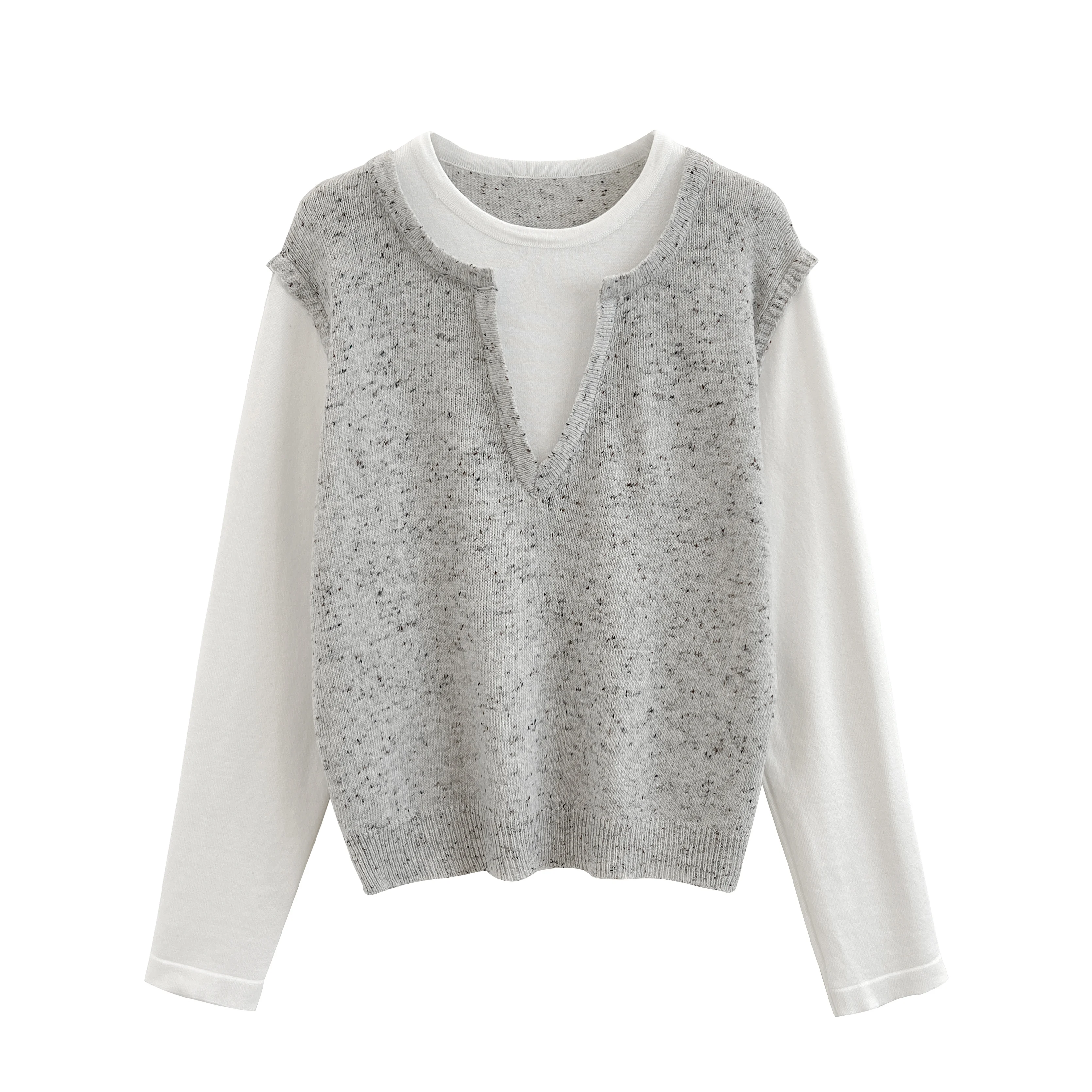 한국 스타일 기품 있는 니치 페이크 투피스 긴팔 니트 스웨터 2025 가을 신상 고급스러운 대비 색상