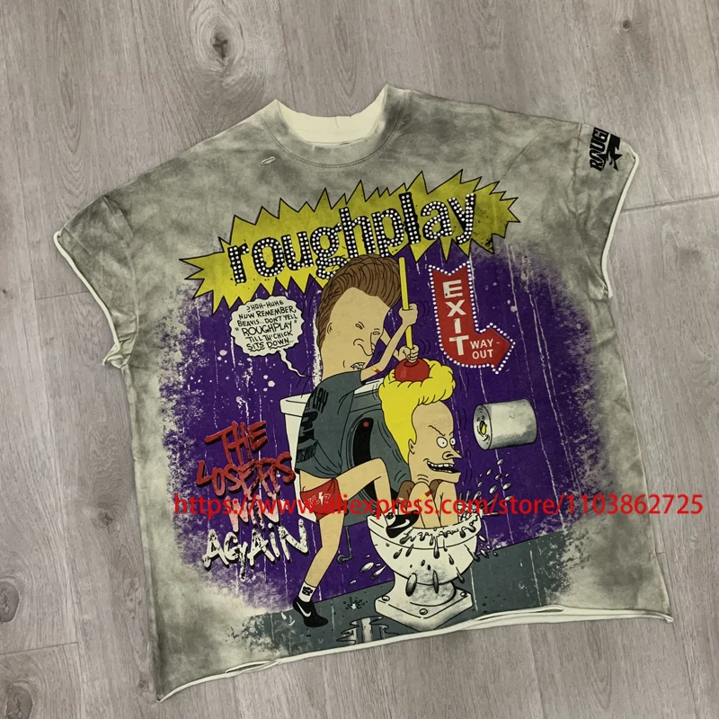 New Rough Play Men T-Shirt, Gray Tone Gradient Base Funny Double Character Cartoon All Over Print High Street Loose Vest