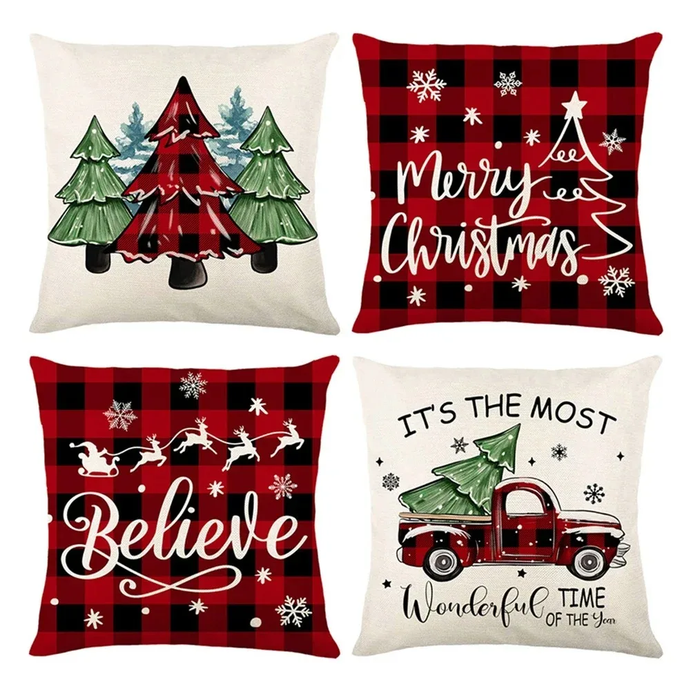 Festive Christmas Tree Pillow Cover 45x45cm - Red Holiday Decor Cushion Case for Sofa Living Room Bedroom, Xmas Pillow Cover