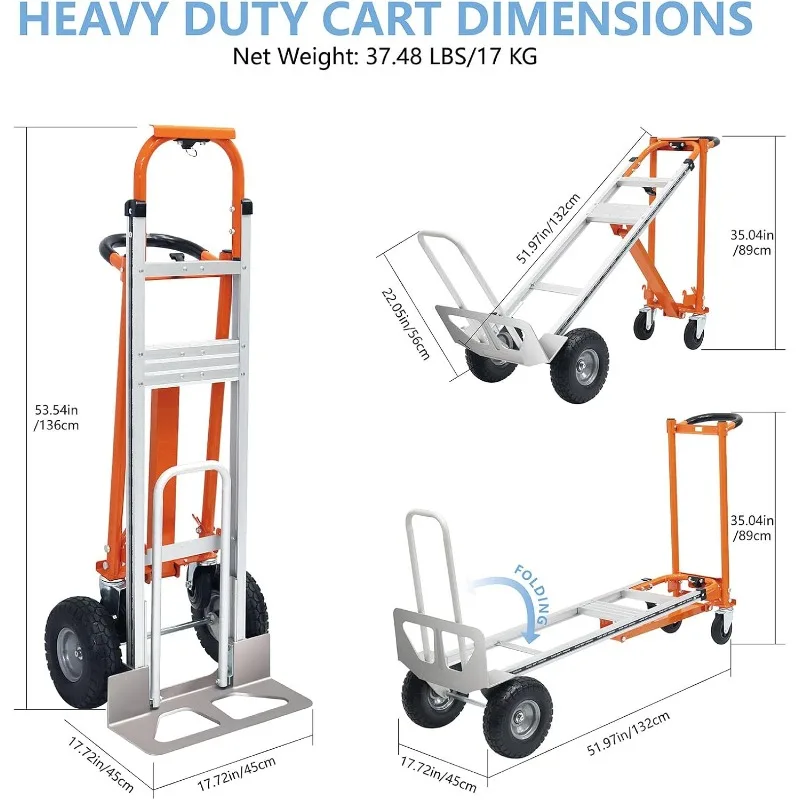 home.4 in 1 Gerobak Dorong Konvertibel, Gerobak Dorong Lipat dengan Roda Padat, Gerobak Dorong Aluminium Berat 1000LBS untuk Barang L