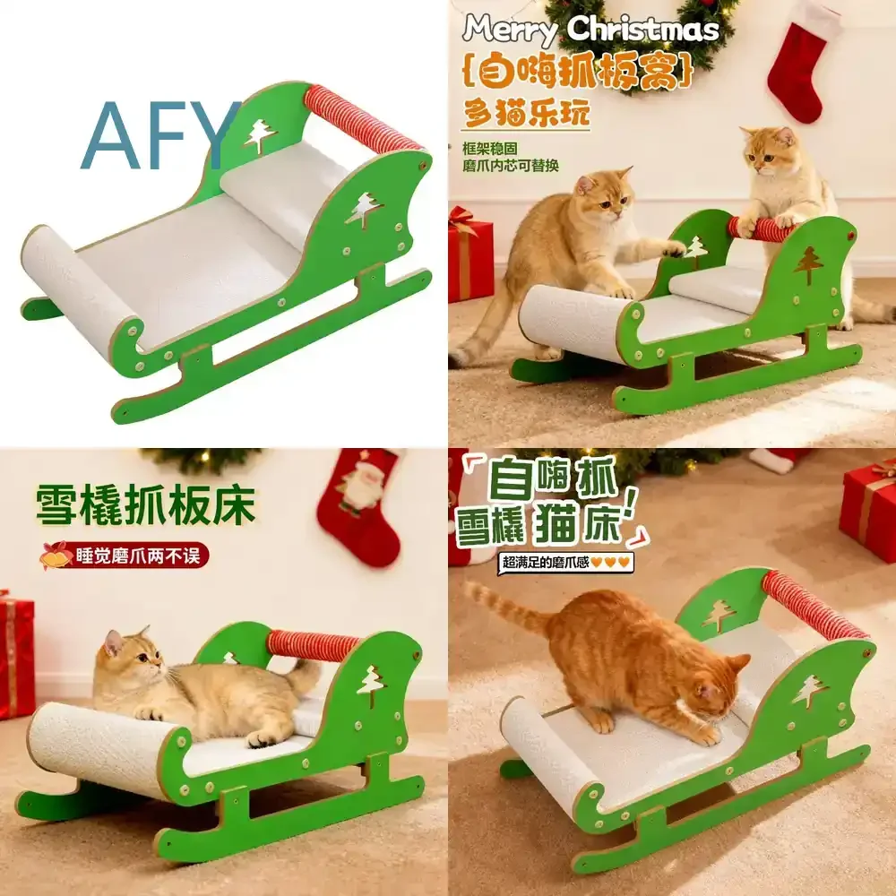 Christmas Sled Scratching Post for Cats with Integrated Nest Wear-Resistant Non-Degrading All-Season Universal Corrugated Cat