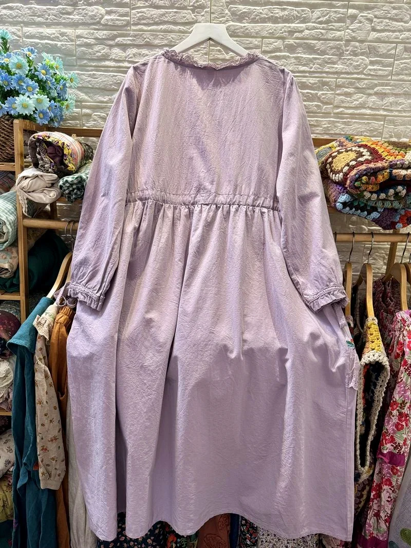 Vintage Cotton Long Sleeve Lace Embroidery Purple Long Midi Dress Women Cottagecore Retro Victorian Shabby Chic Evening Dress