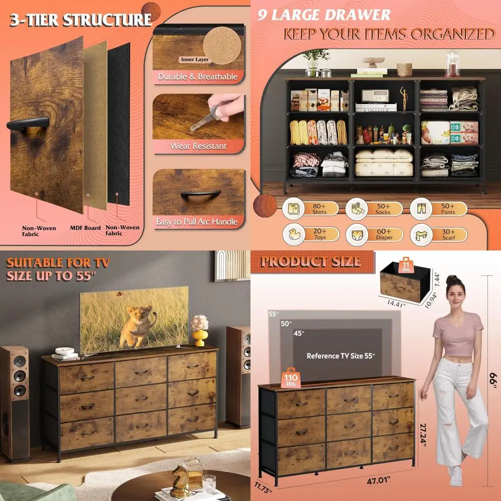 

47 Wide Bedroom Dresser, TV Stand for 45-55 TVs, 9-Drawer Chest, Large Entertainment Unit, Fabric Wood-Top Dresser for Living Ro