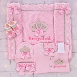 5pcs Baby Girl Newborn Jewels Layette Gift Set Handmade Precious Nursery Hospital Receiving Blanket Embroidery Name Romper Set