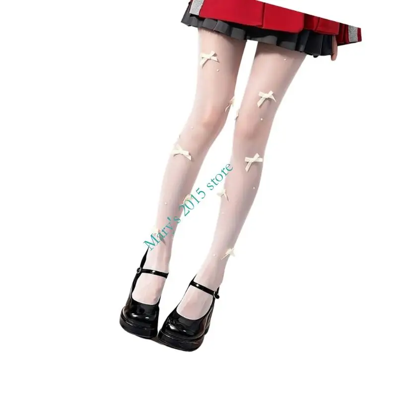 E15F Pantyhose เอวสูง Sheer ถุงน่องผ้าไหมนักเรียนหญิงต้นขาสูงถุงน่อง Sparkly Bows ไข่มุก Tights สำหรับผู้หญิงหญิง