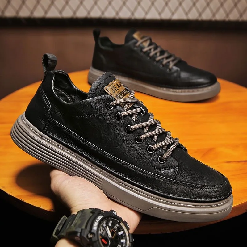 

New Men's Leather Casual Shoes Fashion Waterproof Men Working Shoes Non-Slip Thick Soled Vulcanized Shoes Designer Men Sneakers