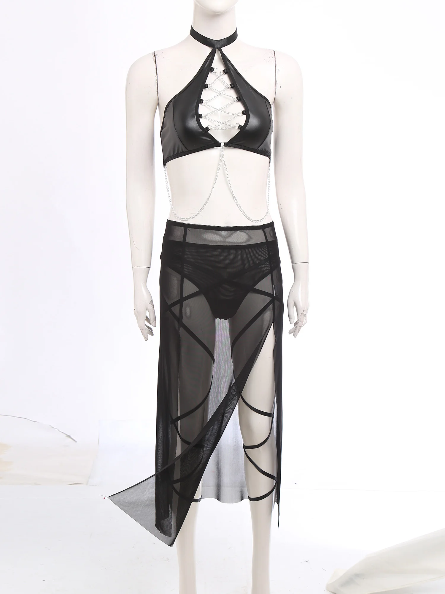 

Adult Female Flirting Nightwear Halter Bra Top with Sheer Mesh Skirt And G-string Thongs for Couple's Role Play Dating Outfits