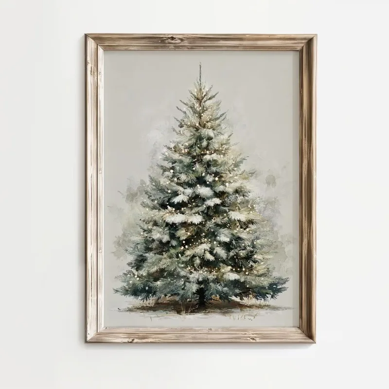 Winter Christmas Tree Canvas Wall Art Snow Dust Pine Tree Minimal Farmhouse Xmas Holiday Home Wall Print Unframed Canvas Poster