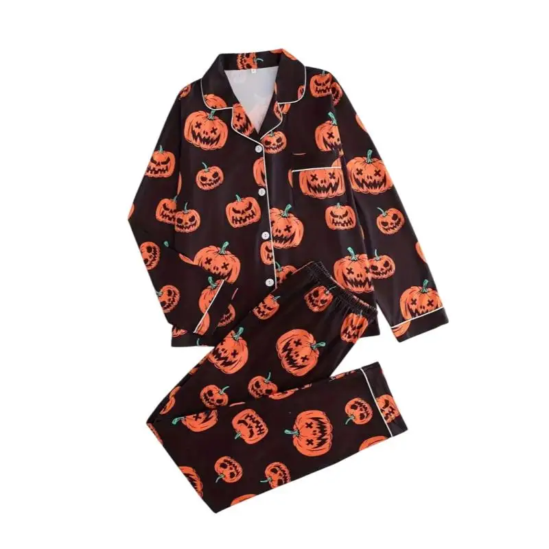 Autumn New Women Halloween Pumpkin Print Pajama Set Lapel Long Sleeve Shirt Pants Soft Comfort Ladies Sleepwear Home Nightwear