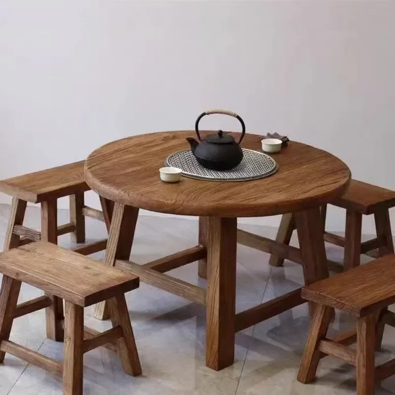 Old Elm Wood Stove Tea Table Small Round Log Charcoal Fire Pit Indoor New Chinese Style Hot Pot Table Household Furniture