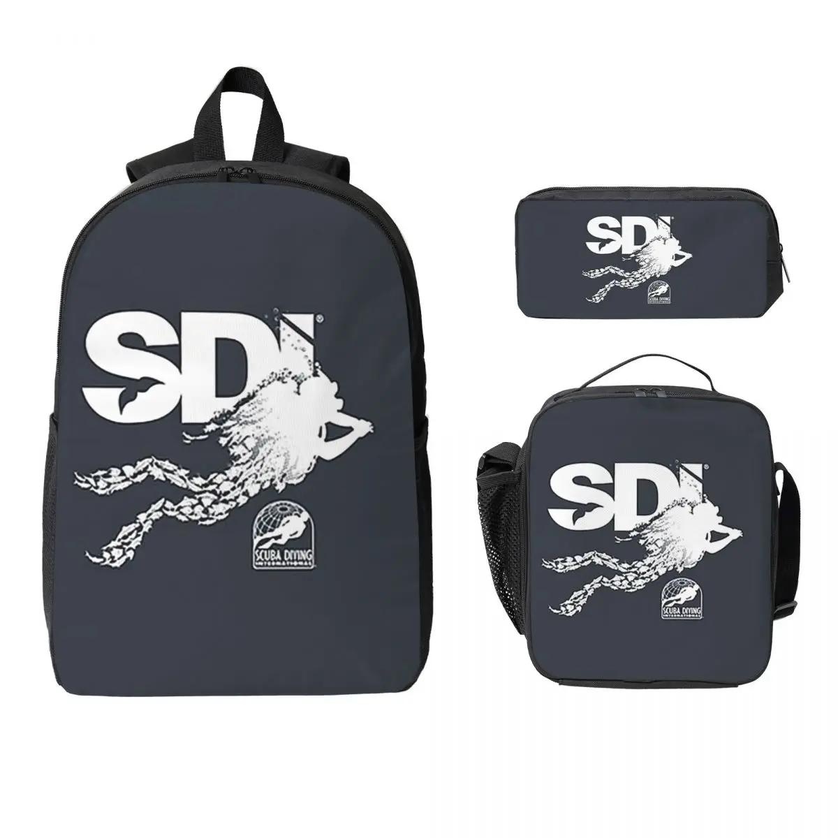 Scuba Diving International (SDI)- Scuba Fish Diver Backpack Student BookBag School Bag 3ps Insulated Lunch Bag Pencil Case