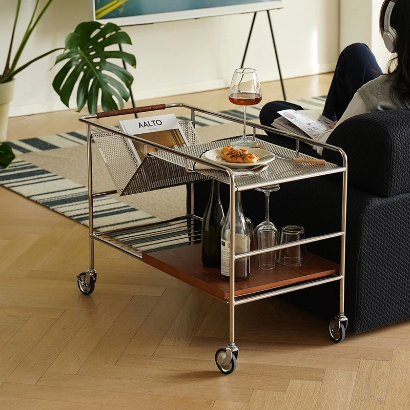 Movable sofa side few stainless steel roller trolley medieval long dining car tea cabinet