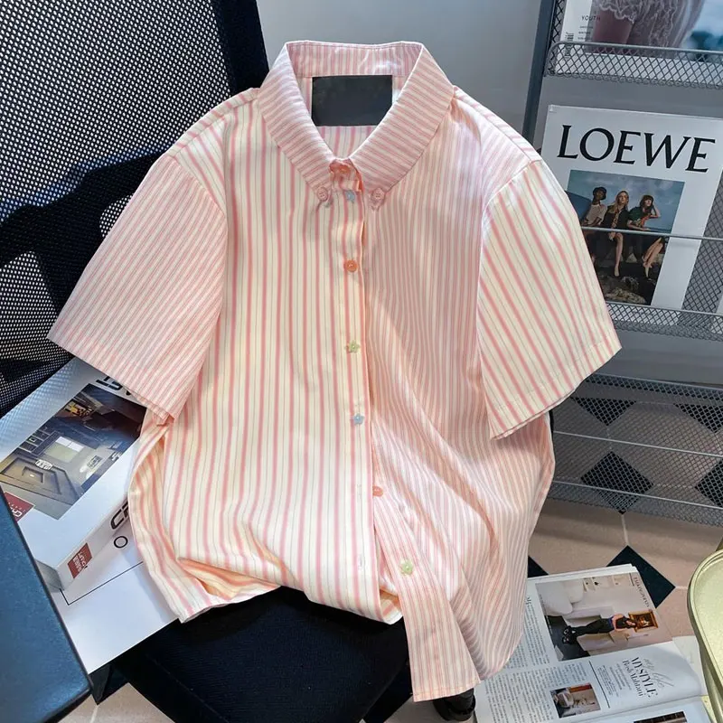 

Spring Summer Thin Women's Clothing 2023 New Casual Office Lady Simplicity Blouses Striped Turn-down Collar Short Sleeve Buttons