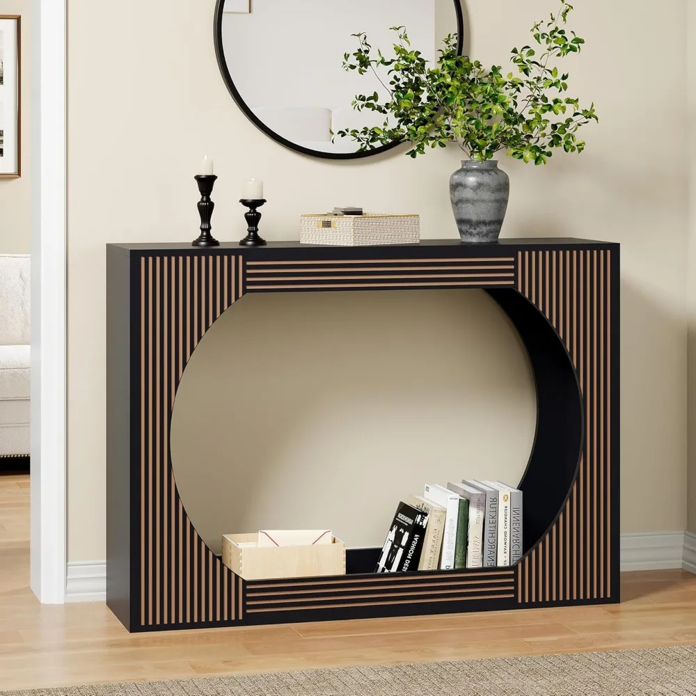 

43.3" Console Table with Storage, 2-Tier Wooden Entryway Table with Carving Lines, Mid-Century Modern Accent Rectangular Sofa Ta