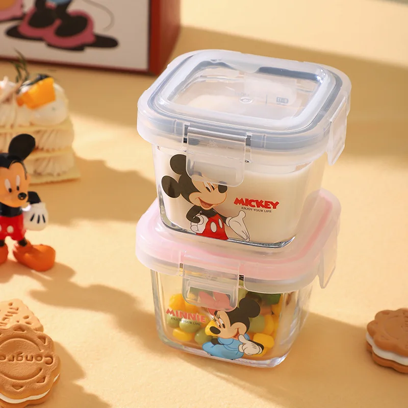 Disney Hot Anime Minnie Mickey Mouse Cartoon Glass Lunch Box With Lid Square Microwave Oven Soup Box Lunch Box 4pcs Gift Box